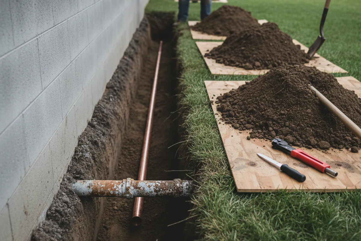 Excavated water line trench during Water Heater Repair in Donald